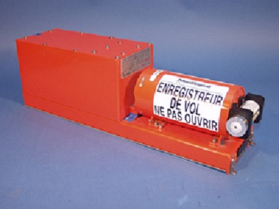  An example of a flight data recorder; the underwater locator beacon is the small cylinder on the far right. (English translation of warning message: FLIGHT RECORDER DO NOT OPEN).